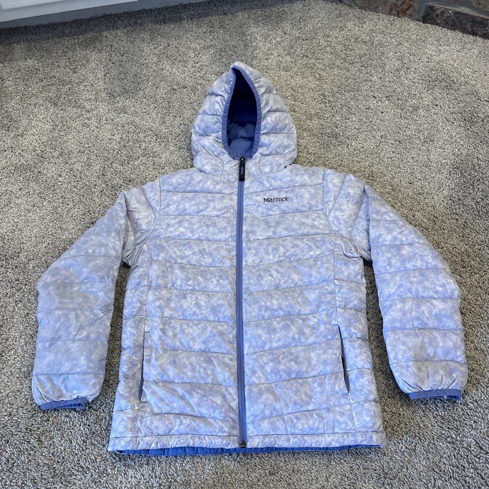 Marmot GIRLS Youth Large Fill Down Pattern Puffer Full Zip Up Hooded Jacket Warm